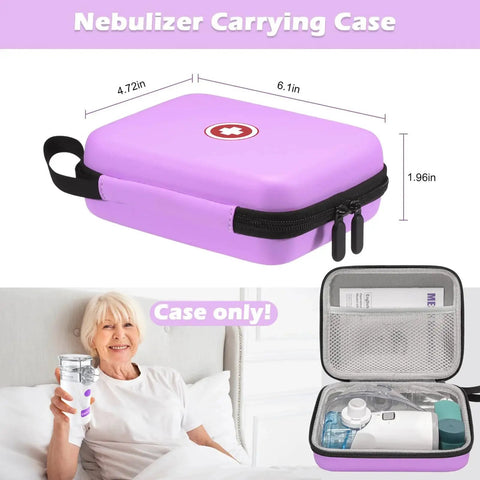 Portable Nebulizer Case For Travel Medical Kit, durable purple hard shell bag with mesh pocket, fits inhaler accessories.