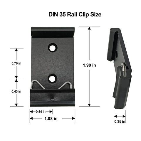 1.08 Inch Width Din Rail Mount Bracket Built Tough Aluminum Alloy Clip For 35mm Universal DIN Rail shown in front and side view.