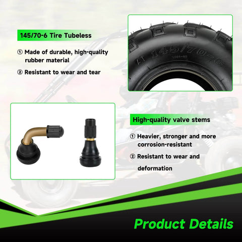 Detailed view of 145/70-6 Tubeless Tire For Mini Bikes And ATVs, highlighting durable rubber material and valve stems.
