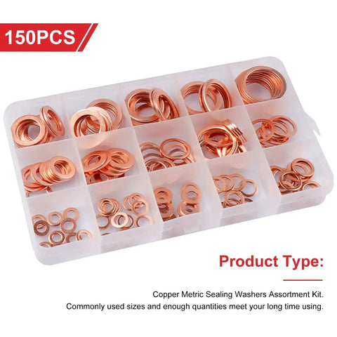 Copper Crush Washers Set, 150 Piece Metric M5 To M22 Assortment With 15 Sizes in storage case, used for sealing in automotive.