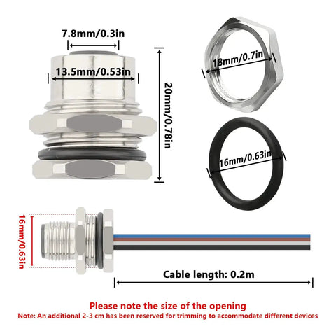 Dimensions and components of Industrial M12 A Coded 4 Pin Female Field Wireable Connector with 16mm rear mount