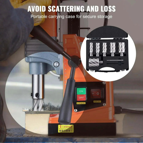 Annular Cutter Set For Magnetic Drills, 6 Pc Weldon Shank Bits in case, visible on heavy-duty metal drill, M2AL high speed steel