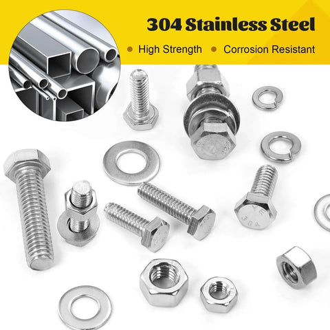 224 Piece 1/4-20 SAE Stainless Steel Bolts, Nuts, And Washers Assortment Kit With Fully Threaded Fasteners displayed on tabletop