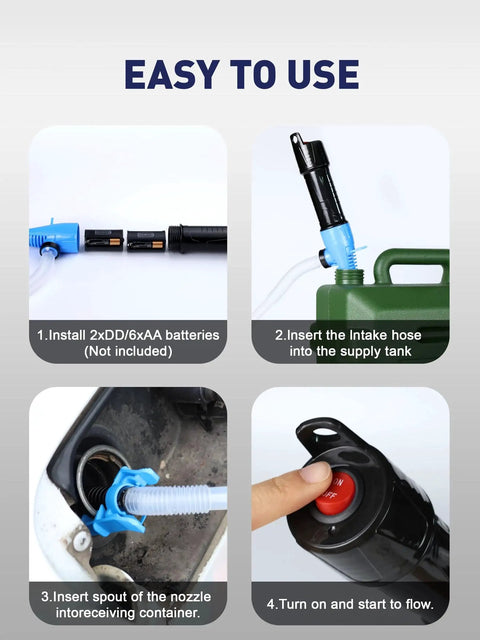 Instructions for using Battery Operated Oil Transfer Pump 3 GPM for Gasoline Diesel Water and More, showing battery installation and operation.