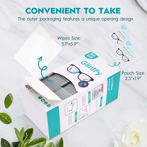 Large Lens Wipes 5.1x5.9 400 Count Pre Moistened box open with wipes showing, designed for eyeglasses and device cleaning