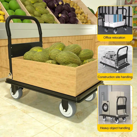 Heavy Duty Folding Push Cart With 1100 Pound Capacity Reinforced Platform Trolley with melons and 360-degree wheels in a grocery store setting.