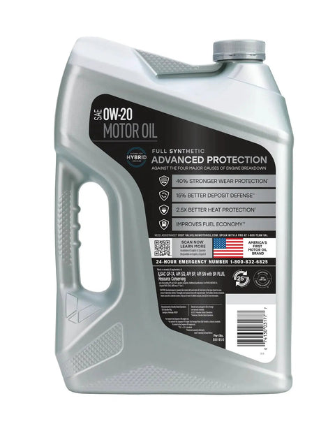 Advanced Synthetic 0W-20 Motor Oil 5 Quart With Superior Wear and Deposit Defense in gray bottle, back view.