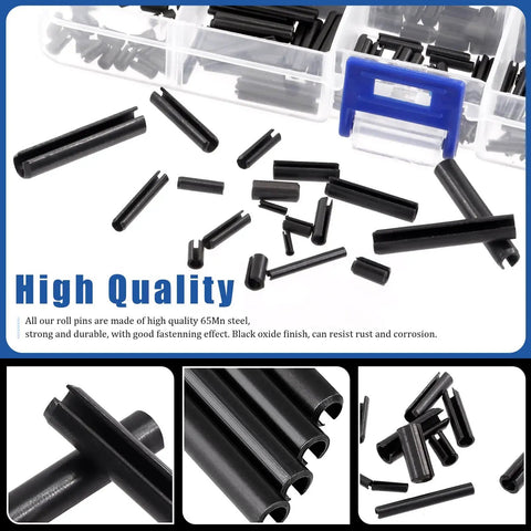 416 Piece Roll Pin Assortment Set M1.5 To M6, Black Finish, 65Mn Steel Durable Pins, 13 Sizes, Sorted In A Plastic Box, Go-To Handy Garage Kit For Quick Home And Auto Repairs