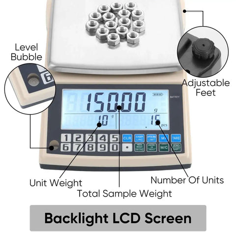 Pro Grade 0.01g Lab Scale With 5000g Capacity, Gram Counting Balance, RS232 Port, showing LCD display and control buttons.