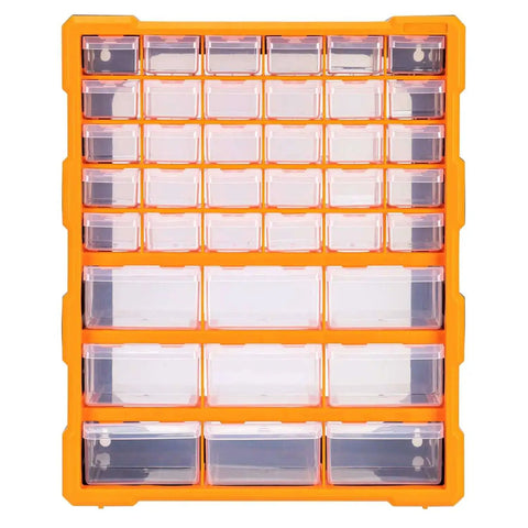 Wall Mount Cabinet Organizer With 39 Drawers And Removable Dividers, DIY Friendly, Black And Orange Plastic Storage System