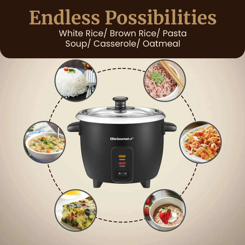 6-Cup Electric Rice Cooker With Stainless Steel Inner Pot For Fluffy Rice, soups, stews, porridge, grains, easy cooking, black