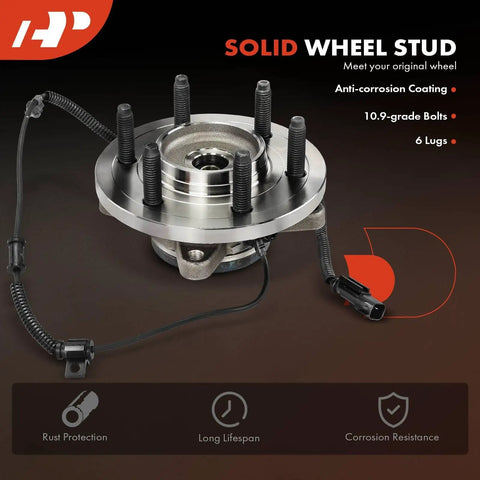 Front Wheel Bearing And Hub Assembly Pair With ABS For 2011 2014 Ford F 150 Expedition And Lincoln Navigator 6 Lug 4WD Only Drop In Ready Direct Fit High Load Capacity For Smooth Quiet Ride Bolt Right In, showing solid wheel stud with 6 lugs and ABS sensor.