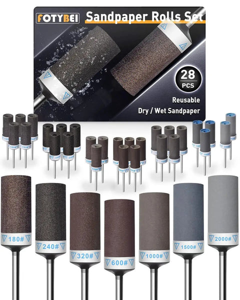 28 Piece Sanding Drums And Sandpaper Sticks Set For Dremel Rotary Tool With One Eighth Inch Shank Grits 180 240 320 600 1000 1500 2000