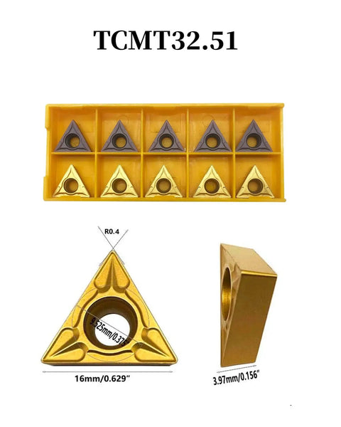 Pro Grade 3/4 Inch Shank Chamfering Tool Bit Set TCMT32.51 carbide inserts in packaging and close-up views.