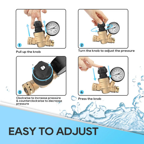 RV water pressure regulator valve with gauge and adjustable knob on brass body; tool-free, lead-free, inlet screen.