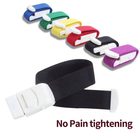 Six Pack Tourniquet Elastic First Aid Quick Release Bands in assorted colors showcasing no pain tightening feature