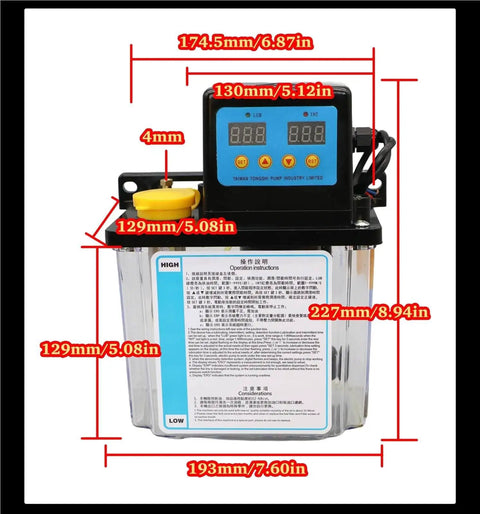 Front view of CNC Lubrication Pump Kit for Machine Tools and Lathes Automatic Lubrication System 1L Or 2L Capacity 4mm Or 6mm Fittings Dual Voltage AC110V AC220V Oil Pump showing dimensions.