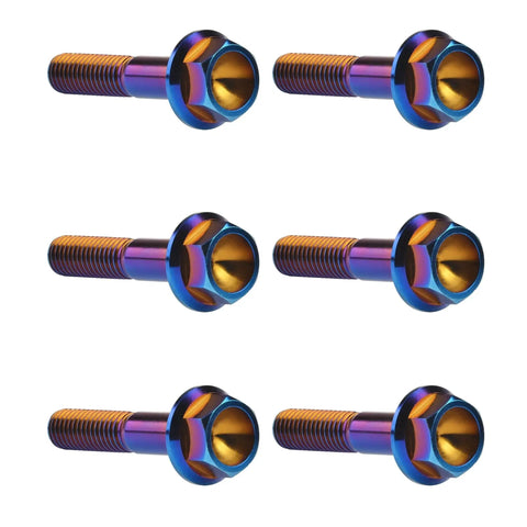 Titanium Hex Flange Bolts M6 And M8 Pack Of 6 With Burn Blue Finish, arranged in two rows on white background, showcasing hex head design