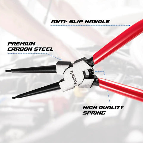 4 Piece Snap Ring Pliers Set With 7 Inch Internal And External Circlip Pliers, red handles, close-up view of the straight jaws.