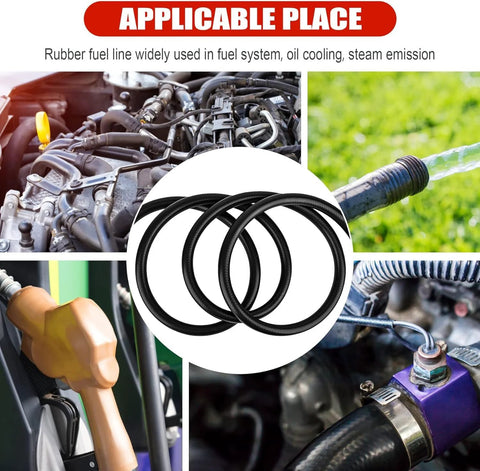 Four black 3/8 in ID fuel hoses coiled; NBR rubber push-lock, automotive fuel line with clamps