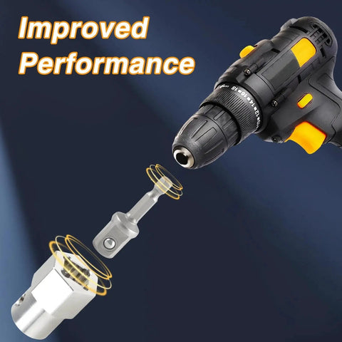Stainless Steel Trailer Jack Crank Cordless Drill Adapter With Half Inch Socket with drill and adapter close-up view.