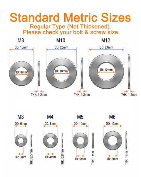 YoSpciaNe flat washer set, 405 pcs, metric M3–M12, 304 stainless steel, assorted washers for screws and bolts