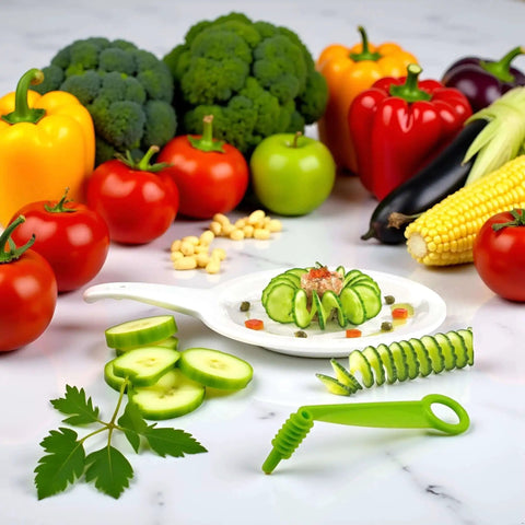 Green Spiral Slicer Portable Manual Kitchen Gadget For Cucumber Carrot And Potato Garnishes with sliced cucumber display