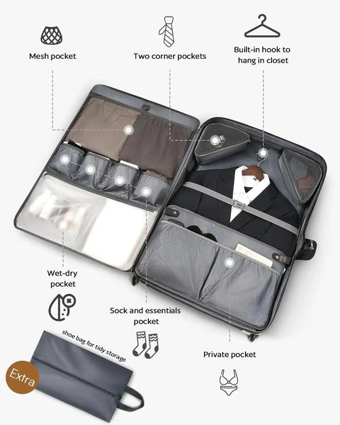 Rolling Garment Bag For Travel With Built In Hanging Hook And Wheels Boss Level Carry On Luggage With organized compartments