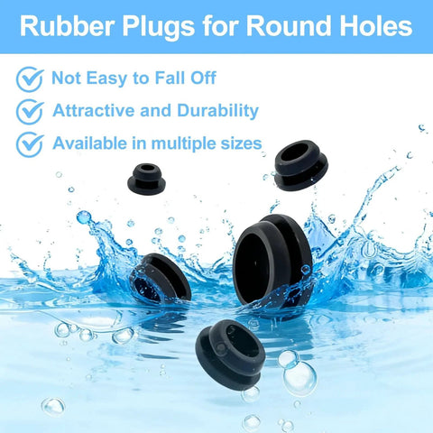Assorted silicone rubber hole plugs floating in water, showcasing durability and variety of sizes, part of 125 piece silicone rubber hole plugs kit.