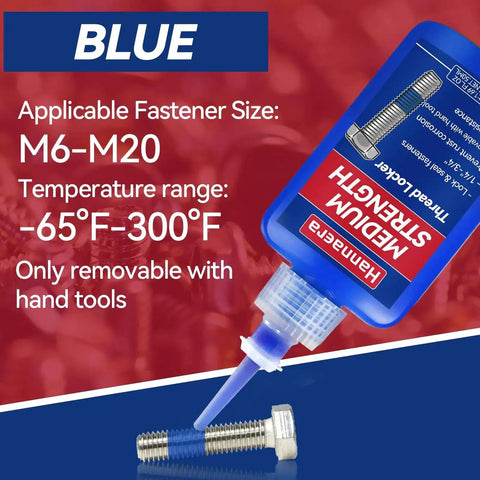 Blue and red thread locker kit for nuts and bolts removable and permanent adhesive to prevent loosening from vibration and lock it down seals tight and prevents leaks on metal fasteners includes medium 50 ml bottles two and high strength 50 ml bottle, with blue medium strength bottle showing details for M6-M20 fasteners.