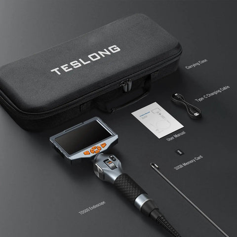 Two Way Articulating Borescope With Light For Auto Maintenance And Diagnostics, 5 Inch IPS Endoscope Camera, case, manual, and cable