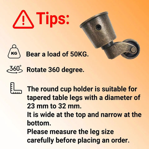 Diagram of Four Pack Cup Style Swivel Casters showing load capacity and compatibility with tapered table legs, vintage round cup design.