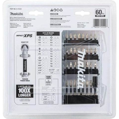 Packaging of Impact XPS 60 Piece Bit Set For High Torque Impact Drivers With Pro Grade Bits Precision Machined Tips Torque Absorbing Shoulder Rings Optimized Torsion Zone And Bits That Last 100x Longer For Tough Jobs Makita.