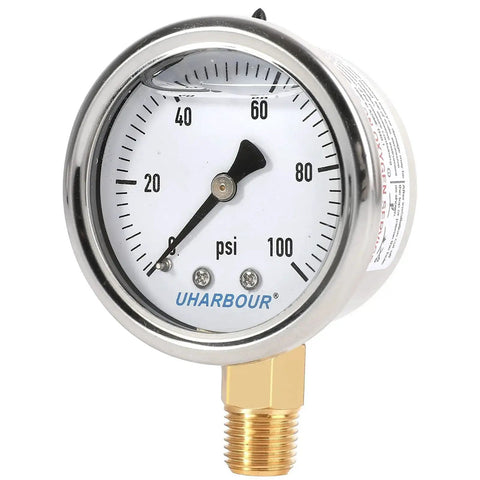 Liquid Filled Fuel Pressure Gauge With 2 Inch Dial And 304 Stainless Steel Case 0 to 100 Psi Range 2 Percent Accuracy Quarter Inch NPT Center Lower Mount UHARBOUR