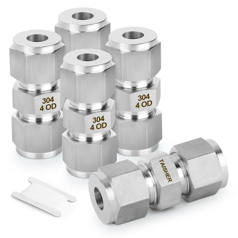 TAISHER 5-pack 304 stainless steel compression tube fittings, 4mm OD x 4mm OD straight adapters