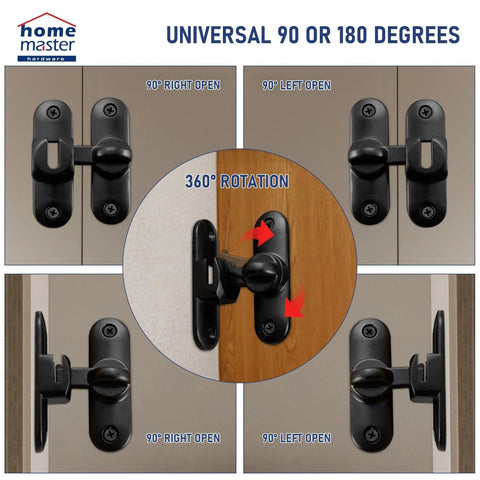 Crazy Tough Heavy Duty Barn Door Lock 90 And 180 Degree Flip Latch Kit shown in multiple installation angles