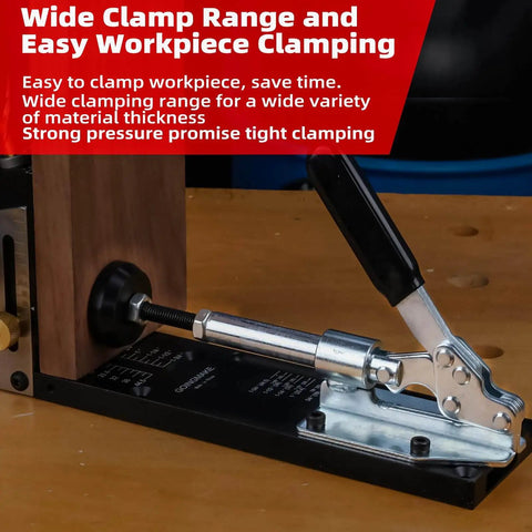 Side view of All Metal Pocket Hole Jig Kit With Quick Clamp And Dust Collection for easy clamping, shown in woodworking use.
