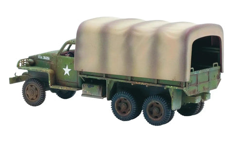 Studebaker US6 Truck 1:56 Scale Plastic Model For Bolt Action By Warlord Games with soft skin cover viewed from rear angle