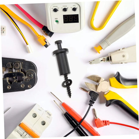 Assorted electrical tools and connectors on a white background, including a voltage tester, pliers, and wire cutters.