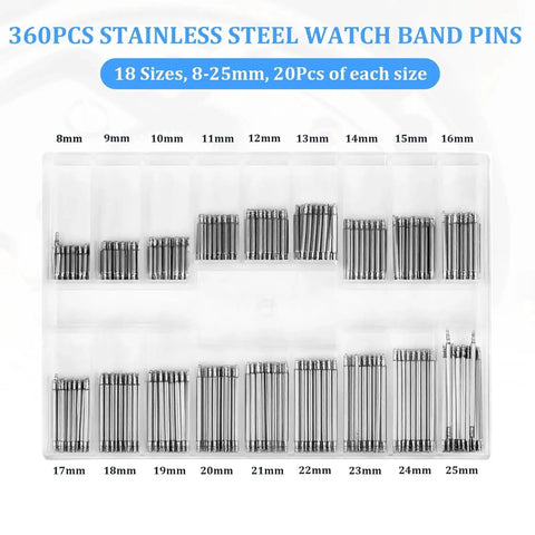 360Pcs Watch Band Pins Set 8 To 25mm With 1.5mm Diameter Spring Bar Pins in plastic case, various sizes visible.