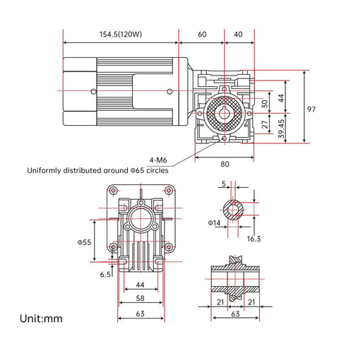 Technical diagram of Heavy Duty 120W 110V AC Worm Gear Motor with Speed Governor Controller NMRV30, showing 14mm output shaft dimensions.