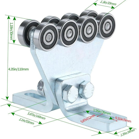 Electric Hoist Trolley Assembly With 8 Wheel Rollers for 1-5/8 Inch Channels, side view showing dimensions