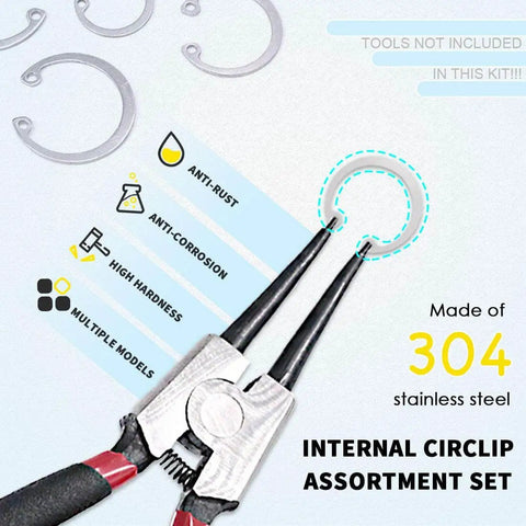 Internal Snap Ring Set 304 Stainless Steel, 200-Piece Assortment in 15 Common Metric Sizes with installation tool.