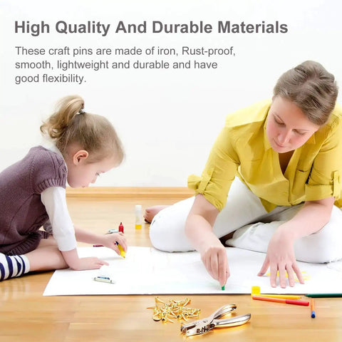 Mother and child using 300 Pieces Three Quarters Inch Paper Fasteners Small Round Metal Brads With Hole Punch Included For Scrapbooking Crafts.