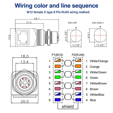 Wiring diagram of M12 To RJ45 X Code 8 Pin Shielded IP68 Industrial Ethernet Adapter with connector measurements and color sequence
