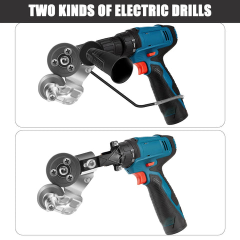 Heavy Duty Sheet Metal Cutter Drill Attachment For Electric Drills Nibbler Cutter Head With Gear Cutter Gets You Clean Quick And Precise Cuts On Iron Steel Aluminum Copper With A Drill Durable And Easy To Use shown attached to drill.