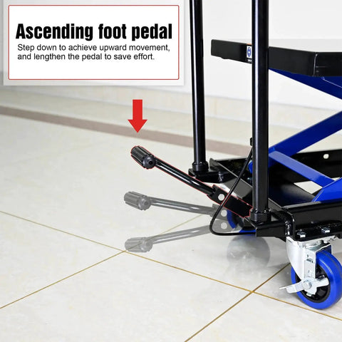 Side view of Amazon hydraulic lift trolley with four wheels, black/blue, foot pedal lever, 500 lb capacity