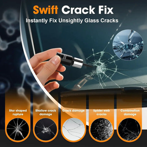 2 Pack Windshield Repair Kit With Enhanced Injection Head For Scratches Cracks And Star Shaped Chips For Fast Fix Clear Results And Easy DIY Repair For Damaged Glass with repair tool and various crack types.