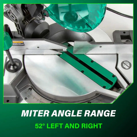 10 Inch Single Bevel Compound Miter Saw with 15 Amp Motor, showing 52° miter angle range with marked guides and green accents.