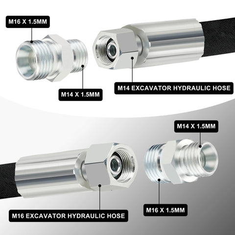 M14 to M16 hydraulic adapter fittings, 4-pack, chrome-plated metal for mini excavator hoses, DIN style.